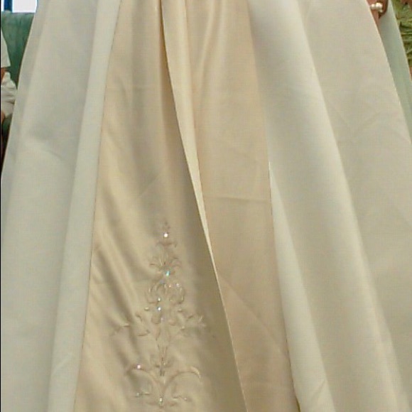 Strapless champagne colored wedding dress with matching veil and sash. - Picture 4 of 6